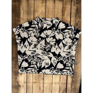 Joie Black White Floral Jacquard Mock Neck Cap Sleeve Knit Top Large L